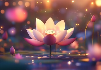 Serene lotus flower glowing under twilight illuminating calm tranquil pond evening magic : Generative AI