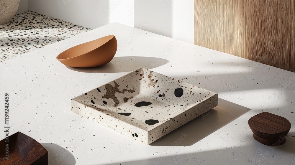 Poster elegant and modern display of artistic tableware on a minimalist surface with natural lighting and u