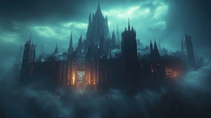 Imposing Dark Castle Above Clouds Night Sky