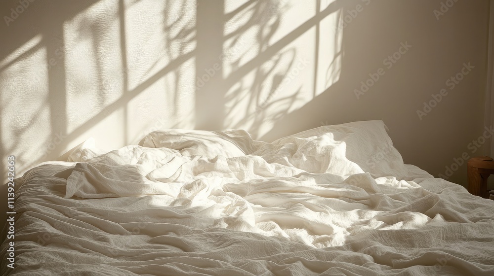 Poster cozy and inviting blankets on an unmade bed with gentle morning light streaming through the windows 