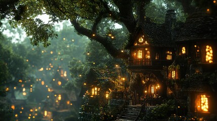 Enchanted Forest Village: A Magical Night Scene