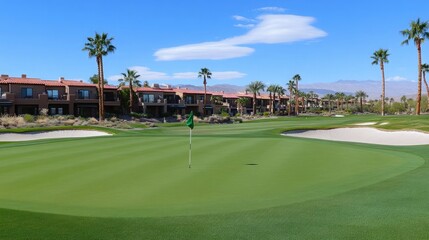 Fototapeta premium Scenic Golf Course with Palm Trees and Residential Homes Against a Clear Blue Sky in a Desert Landscape Featuring Lush Green Turf and a Flag on the Green