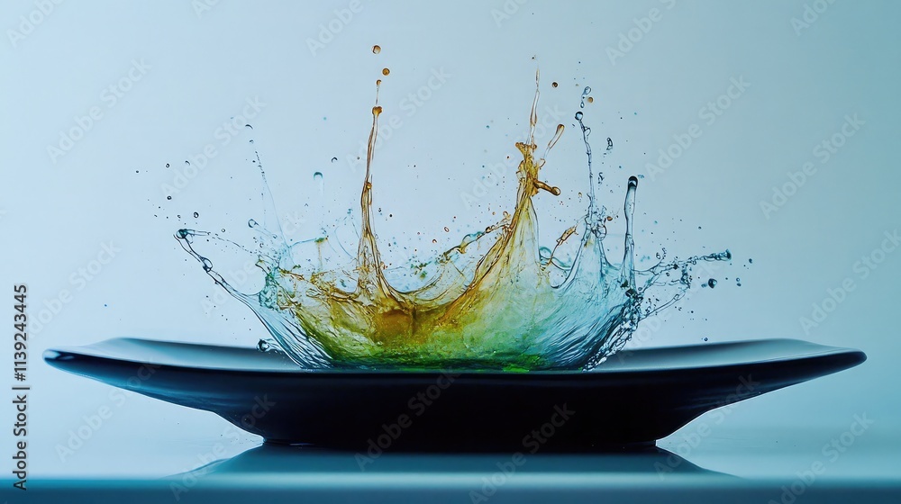 Poster vibrant water splash on a black plate creating artistic ripples and colorful patterns against a soft