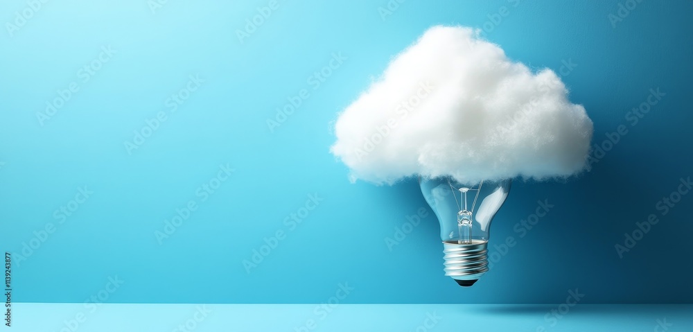 Poster cloud computing concept fluffy cloud atop a lightbulb on blue background.