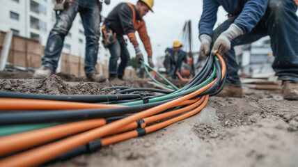A close-up of colorful cables running along a muddy construction site, representing infrastructure in progress and industrial dynamism.
