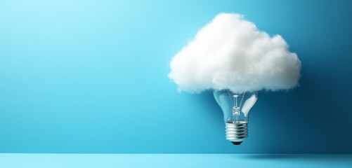 Cloud computing concept fluffy cloud atop a lightbulb on blue background.