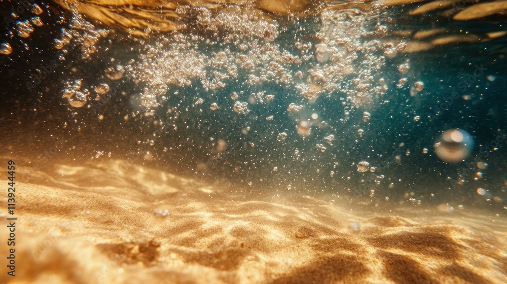 Poster sandy seabed with bubbles floating upwards under water.