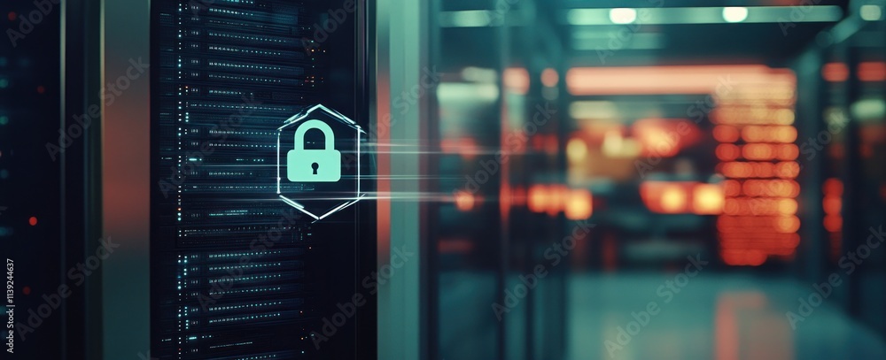 Fototapete Server racks with padlock overlay and data security concepts.