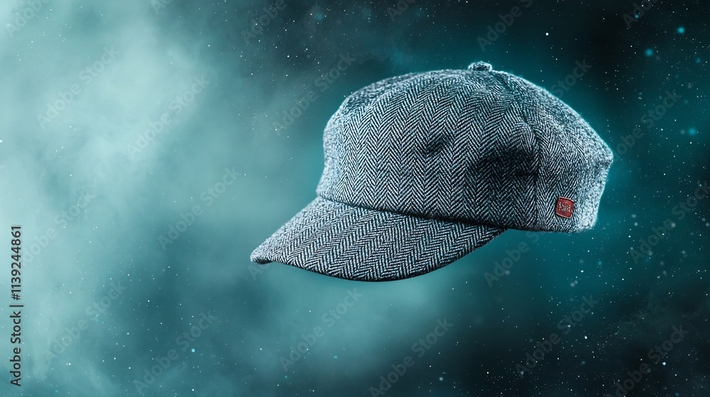 Poster Stylish and modern gray flat cap with subtle herringbone patterns elegantly floating in mid air against a cool charcoal and soft blue gradient background creating a classic yet contemporary look