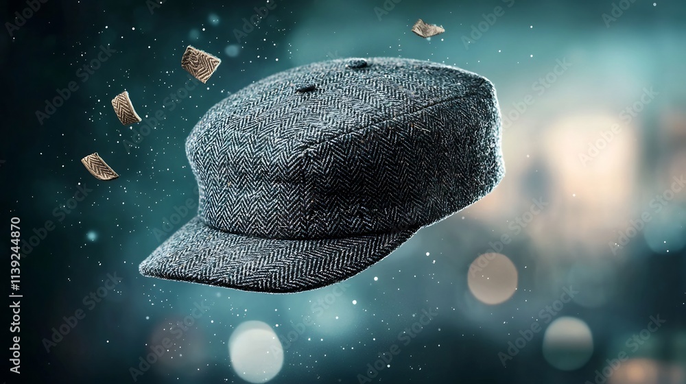 Poster stylish gray flat cap with subtle herringbone patterns floating gracefully in a moody charcoal and s