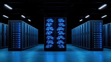 Illuminated Server Racks In A Modern Data Center