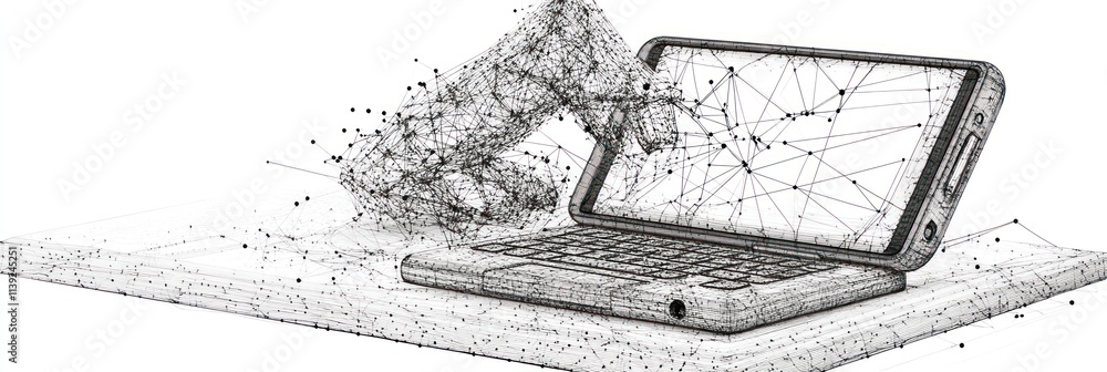 Poster crashing digital hammer hitting laptop with network of dots and lines.