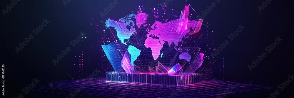 Poster 3D world map with abstract neon data visualization on dark background.