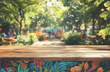 Wooden table with floral design against blurred park background.