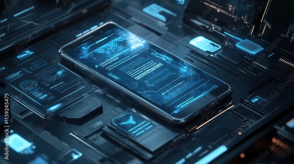 Poster Smartphone with digital screen interface on futuristic tech background.