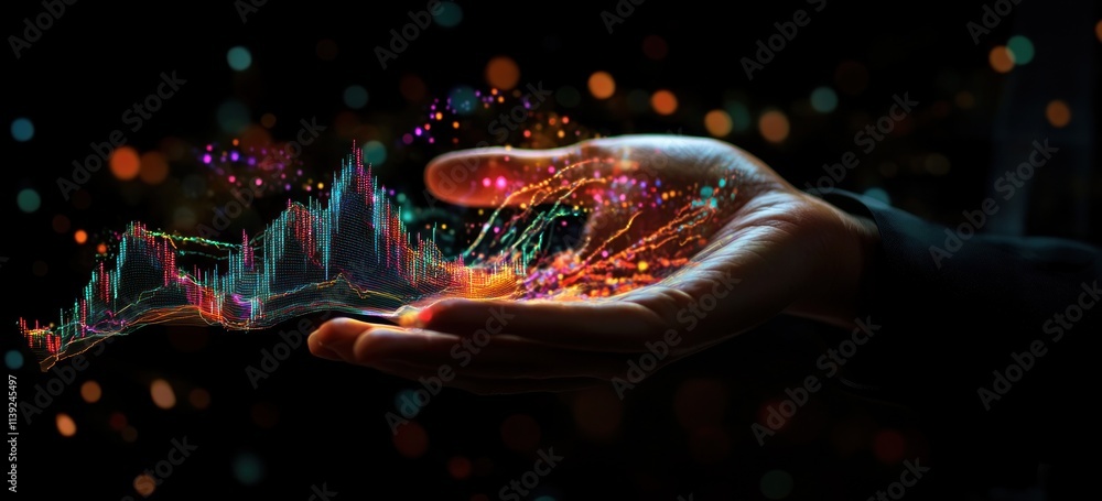 Poster hand holding shimmering data, stock chart and dots.
