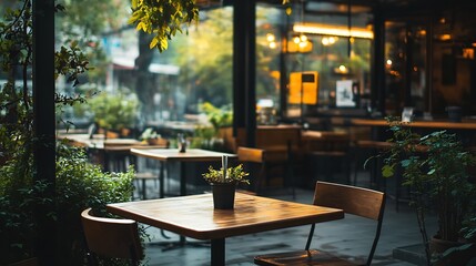 Cozy Outdoor Cafe with Rustic Wooden Tables and Ambient Lighting : Generative AI