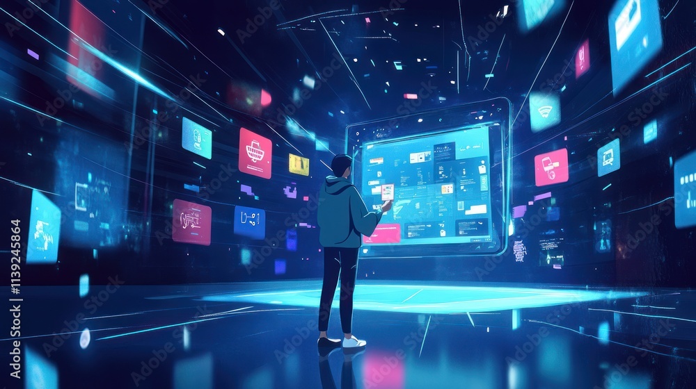 Leinwandbilder Man interacts with floating data screens in virtual space.