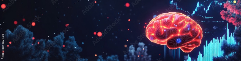 Aufkleber brain graphic glows in space with data and nebulae.