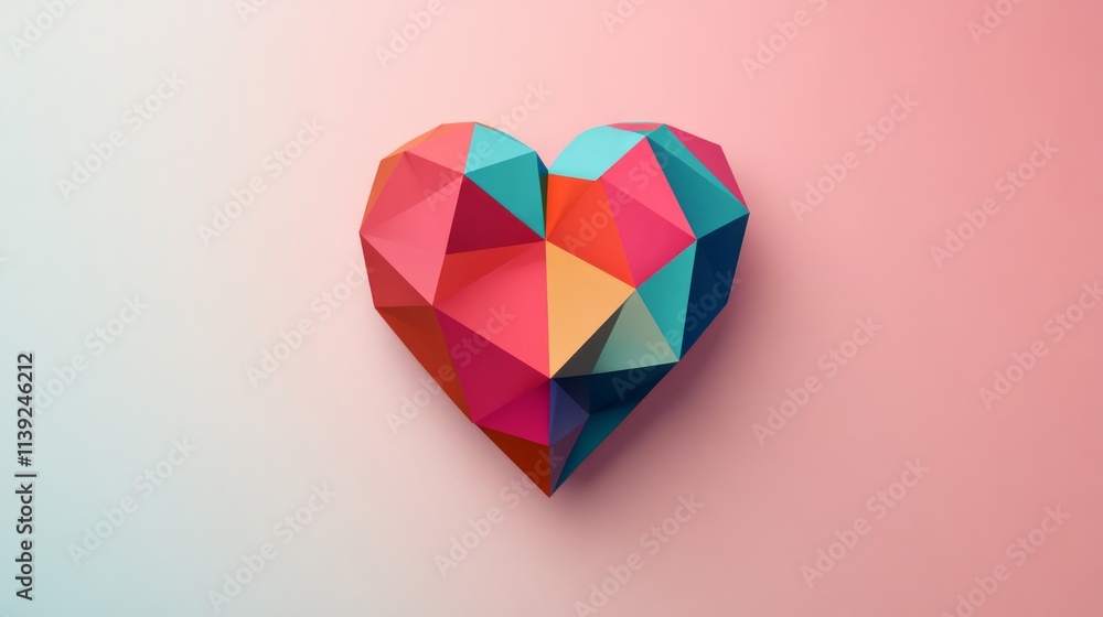 Poster vibrant geometric heart design with colorful triangles and smooth gradient background for love and f