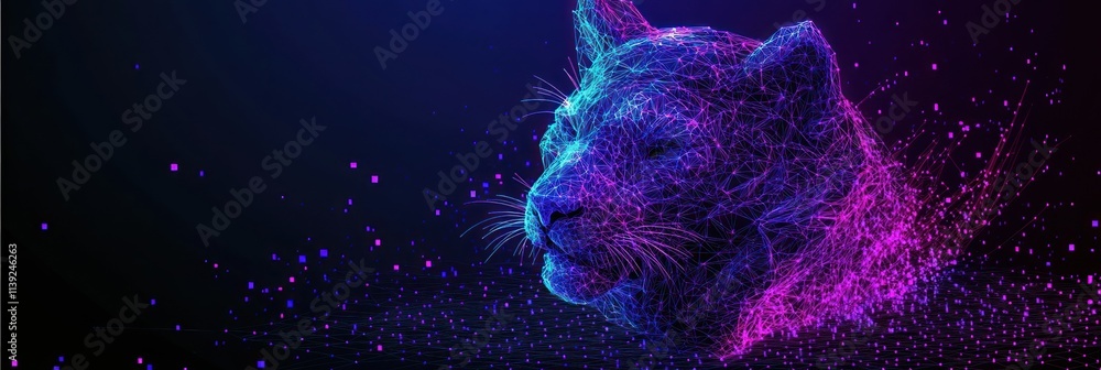 Poster neon panther profile with particle effects.