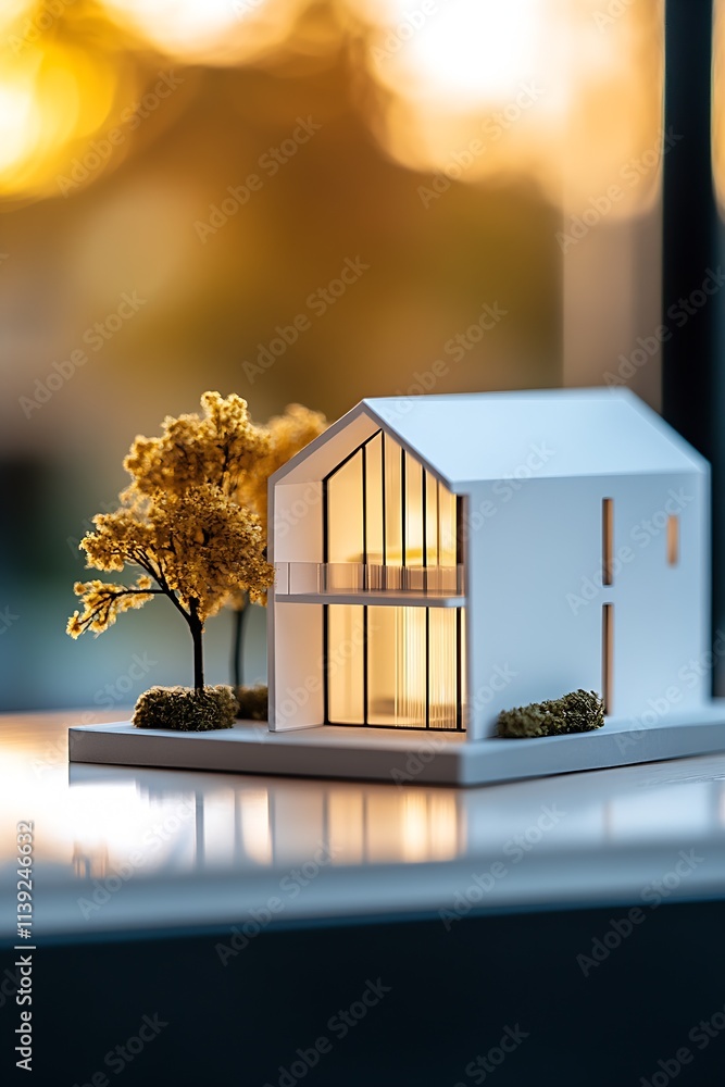 Poster contemporary architectural model of a modern white house with trees at dusk : generative ai