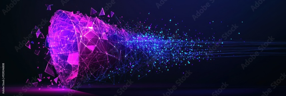 Poster shattered, glowing, abstract object emitting a particle trail.