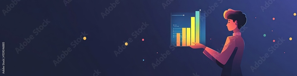 Poster Man holds floating chart with glowing particles on dark blue background.