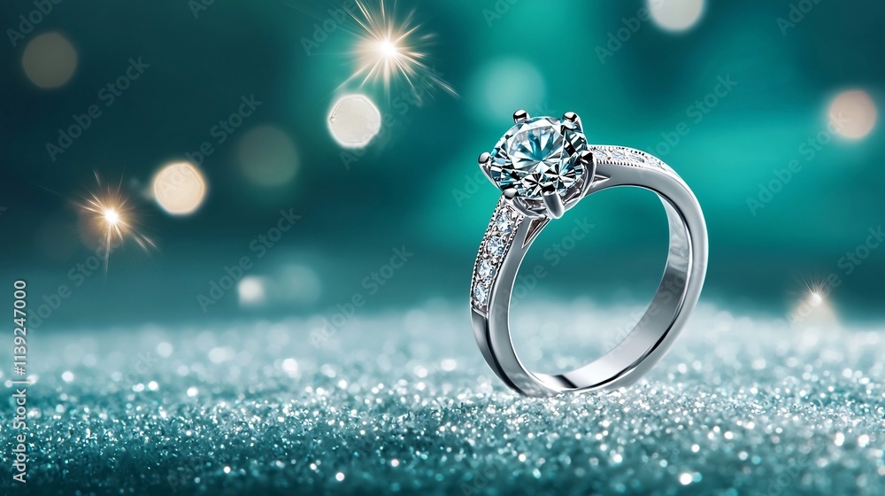 Poster captivating image of a sparkling diamond engagement ring with intricate details floating mid air aga