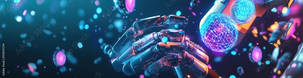 Aufkleber robot hands manipulating glowing particles in a dark, futuristic setting.