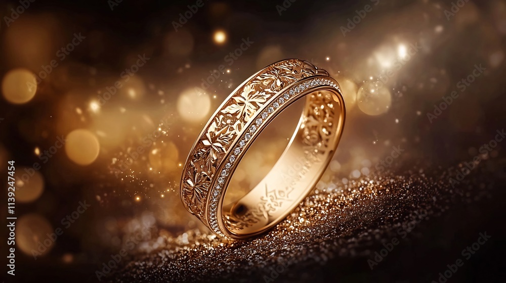 Poster stunning gold cuff bracelet with intricate patterns and details elegantly floating in the air agains