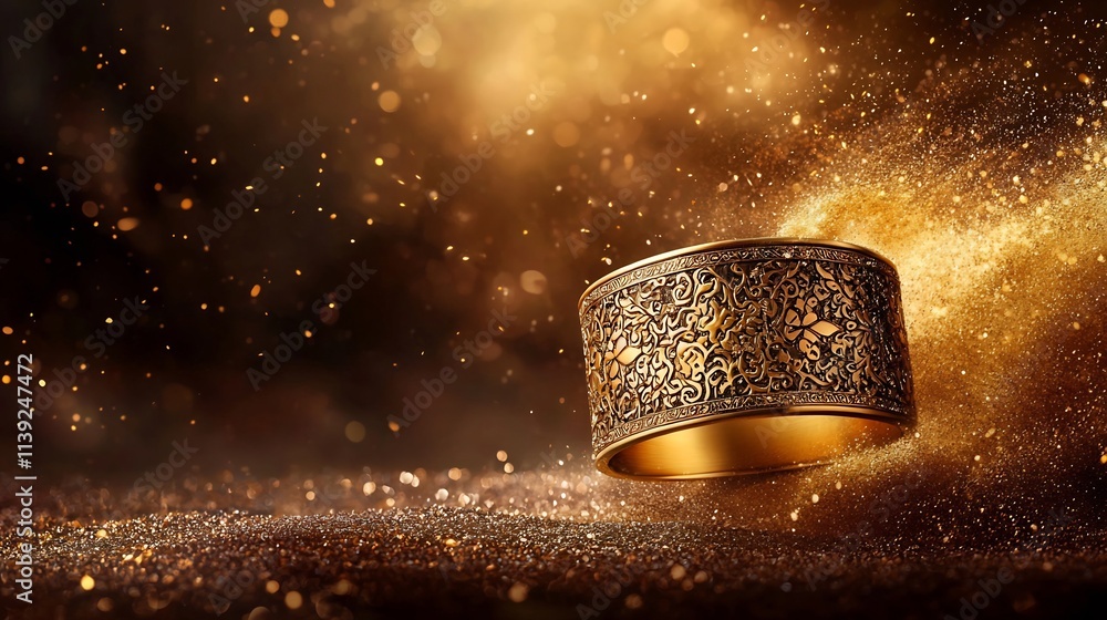 Poster striking gold cuff bracelet with intricate and ornate patterns floating effortlessly in the air agai