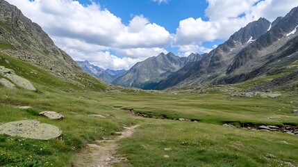 Fototapeta premium Expansive Mountain Valley with Clear Blue Sky and Lush Green Grass in National Park : Generative AI