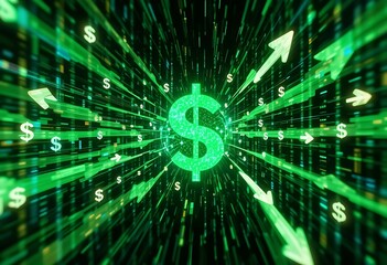 Fototapeta premium Dollar signs and arrows swirling in a digital matrix background