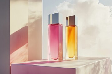 Two Perfume Bottles Resting on a Minimalist Display