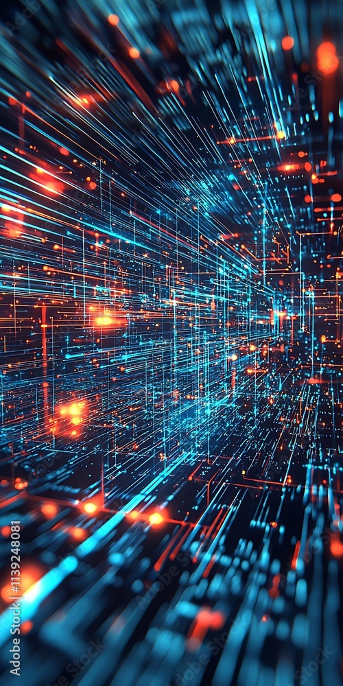 Aufkleber Futuristic Digital Network with Speeding Data Particles in a Cyber Space Environment : Generative AI