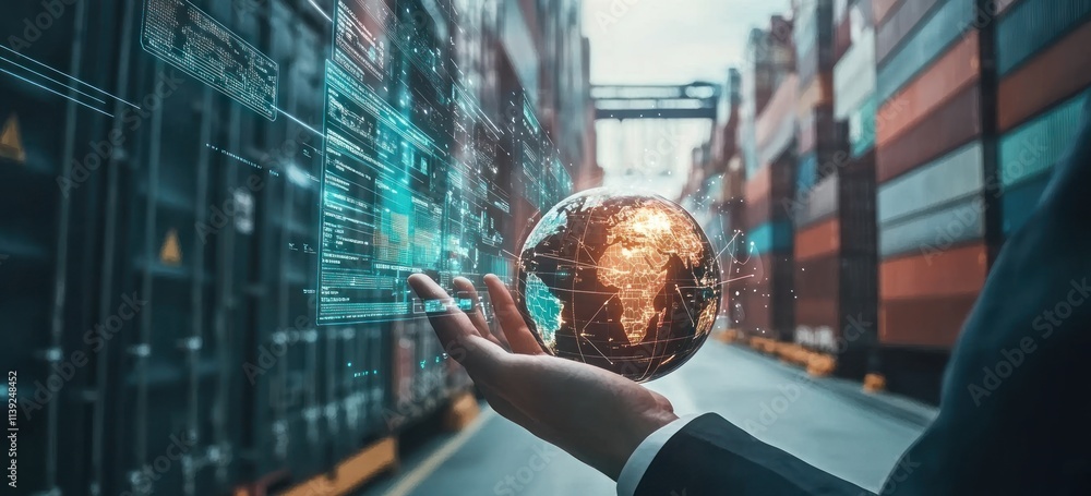 Poster Man holds digital globe in front of shipping containers.