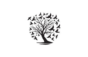 Obraz premium flying birds and tree silhouette vector line art logo design