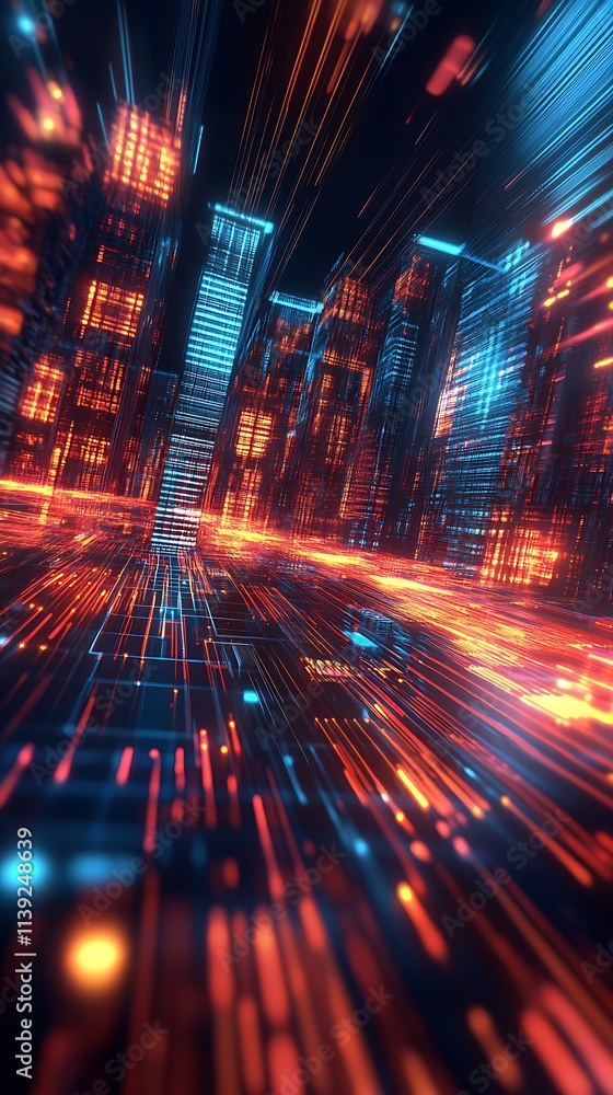 Fototapete high-tech digital skyline with speeding data streams and glowing cyber elements : generative ai