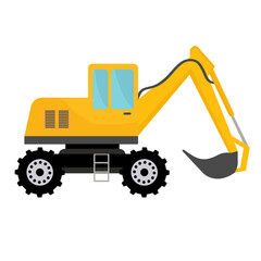 Construction excavator vector clip art,  yellow wheeled excavator flat design illustration, heavy equipment clipart isolated on white background