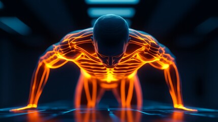 Futuristic Human Anatomy with Neon Light Effects Showing Muscles and Blood Vessels in a Dark Environment During a Push-Up Exercise