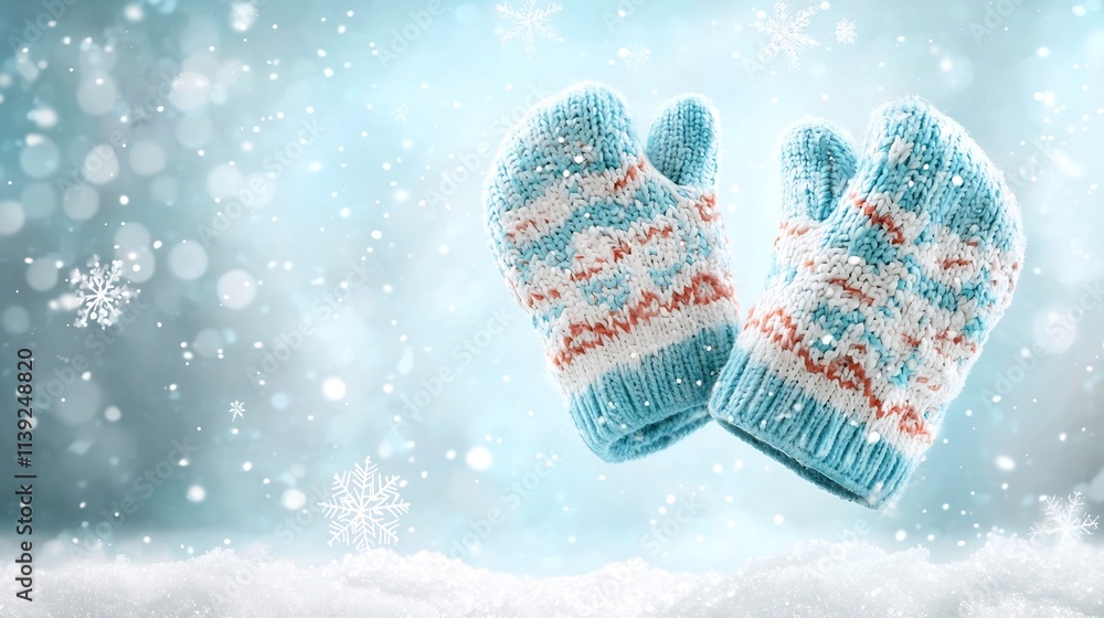 Poster cozy and fluffy winter mittens with a nordic pattern hovering against a snowy white gradient backgro