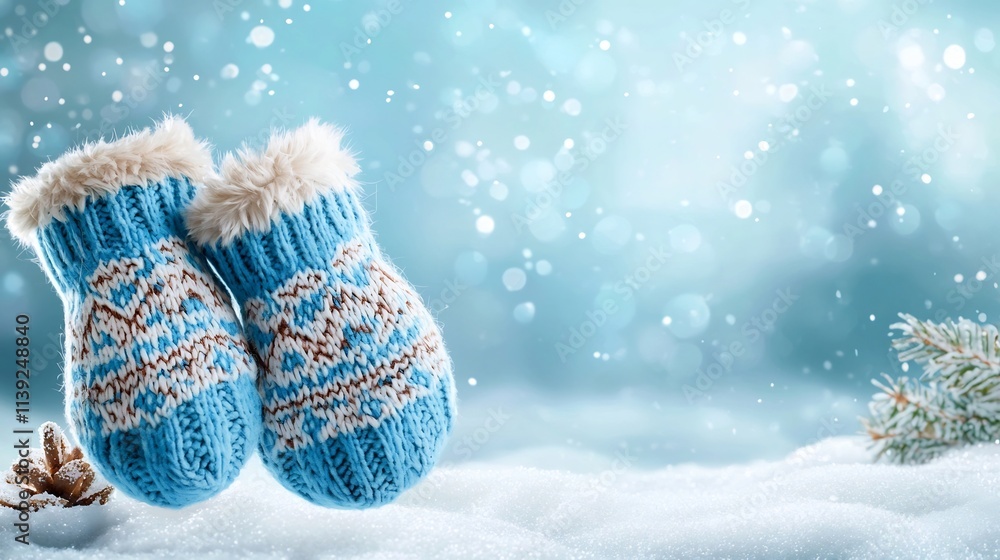 Poster beautifully photographed pair of fluffy textured winter mittens with a cozy nordic pattern seemingly