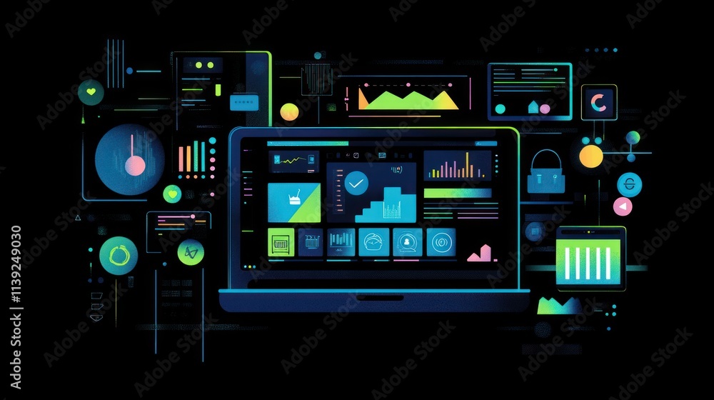 Poster Laptop with multiple dashboards displaying data analysis, against black background.