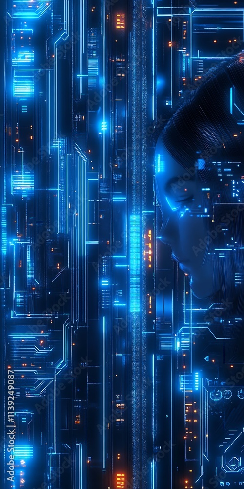 Poster profile of futuristic cybernetic being surrounded by digital circuitry : generative ai