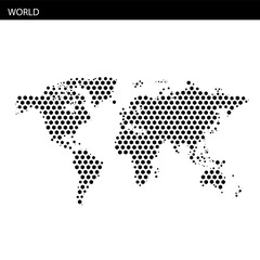 World map illustration with hexagonal dotted pattern representing global geography and regions