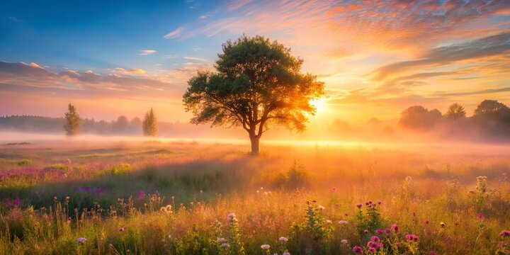 Serene sunrise illuminating a solitary tree in a misty field of wildflowers