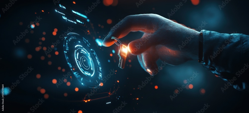 Aufkleber hand interacts with futuristic glowing interface.