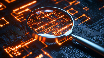 A detailed IT Security Risk Assessment concept depicted with a magnifying glass focused on a document within an abstract technological atmosphere, symbolizing scrutiny 
