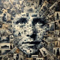 Echoes of History: The Face of Generations
The vintage photos echo generations of stories, creating a face that symbolizes shared human experiences across history.